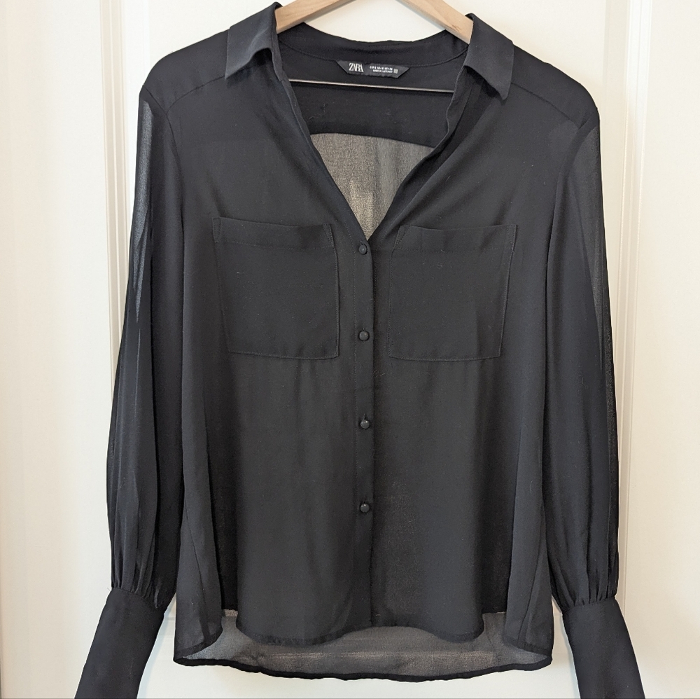ZARA Sheer Pocket Button Down Blouse Black Size Small